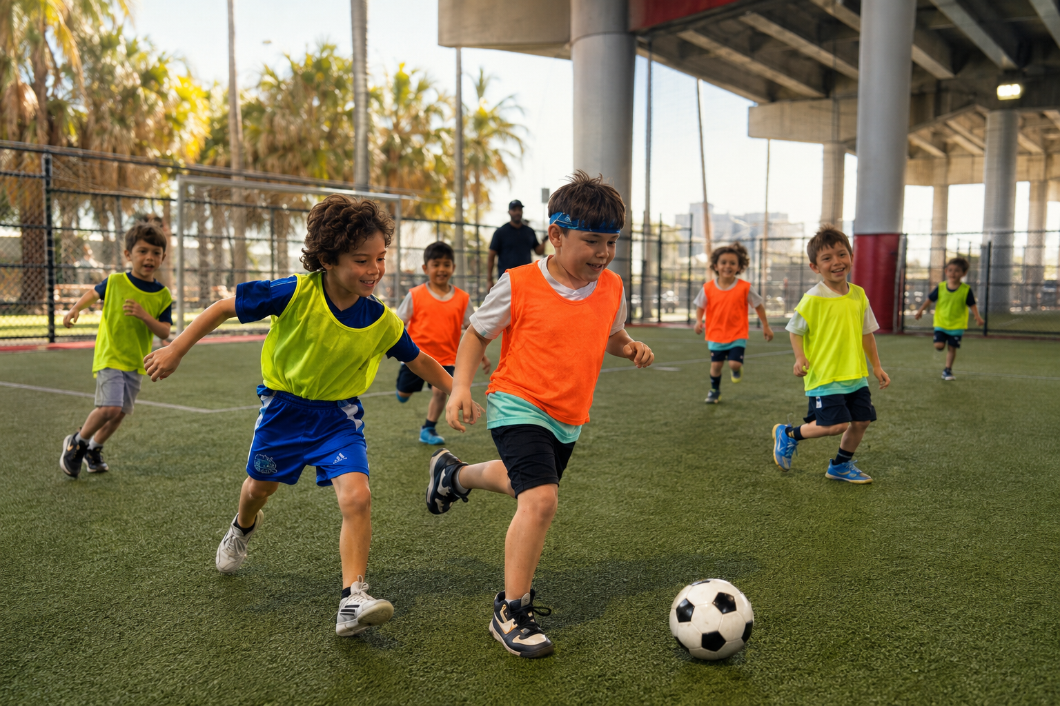 Children practicing soccer with colorful cones and a coach